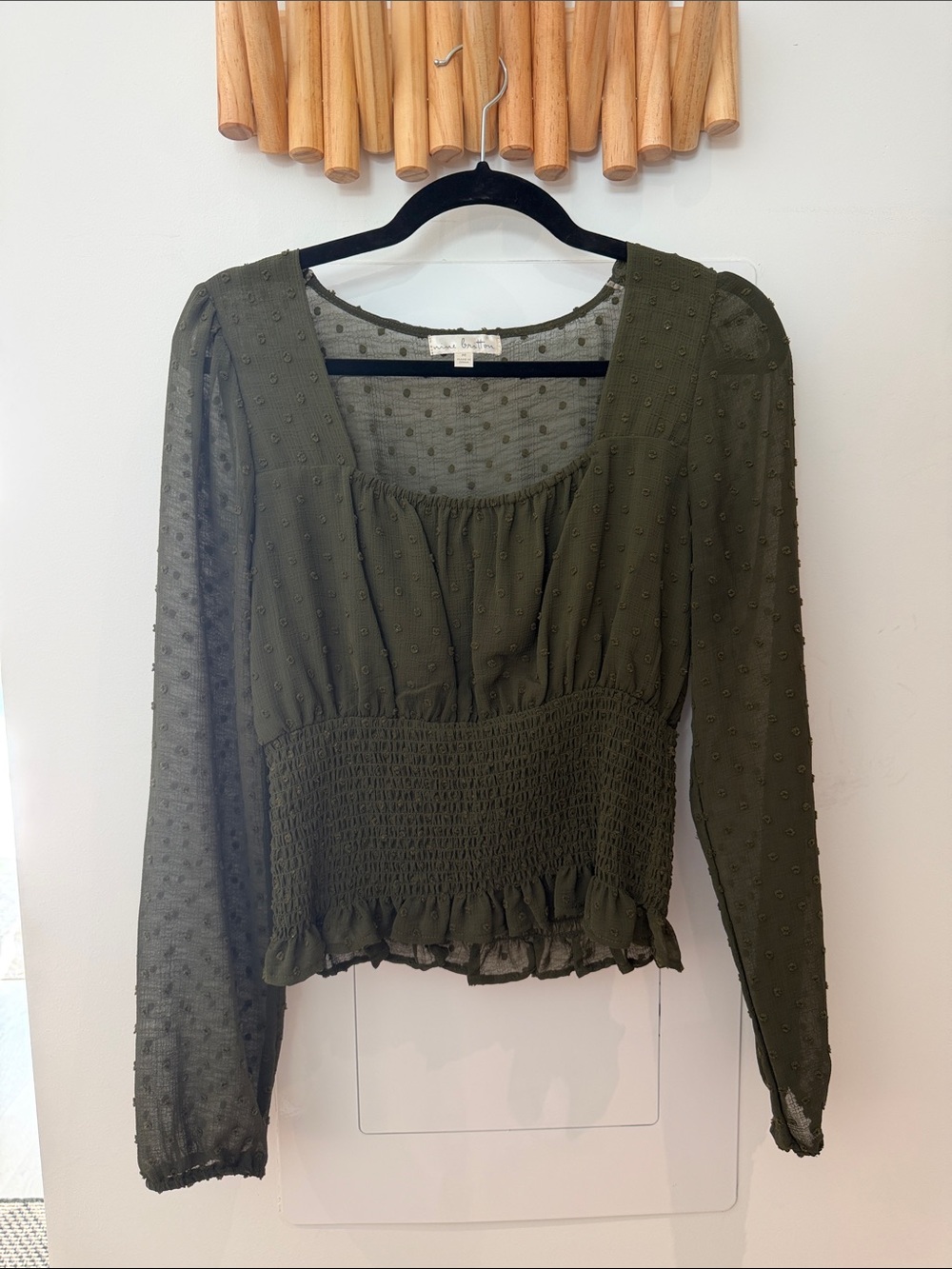 nine britton Olive Swiss Dot Smocked Blouse